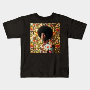 Man with an afro standing in front of a floral wallpaper Kids T-Shirt